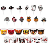 24PCS Halloween Cupcake Toppers Wrappers, Horror Halloween Cake Decorations Ghost Pumpkin Bat Cake Toppers Halloween Holiday Cake Baking Party Supplies