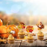 24Pcs Thanksgiving Cupcake Toppers, Thanksgiving Cake Decoration, Maple Turkey Pumpkin Cake Picks, Fall Cupcake Toppers, Thanksgiving Party Decorations