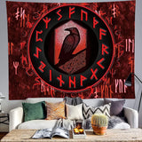 Psychedelic Norse Viking Tapestry Red Wall Hanging Raven Meditation Runes Wall Ancient Art for Bedroom Aesthetic Gothic