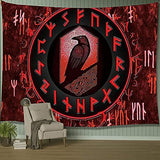 Psychedelic Norse Viking Tapestry Red Wall Hanging Raven Meditation Runes Wall Ancient Art for Bedroom Aesthetic Gothic