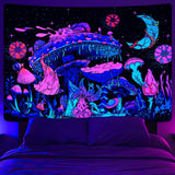 Blacklight Mushroom Tapestry UV Moon and Stars Tapestries Glow in the Dark Plants Tapestry Night Sky Aesthetic Tapestry Wall