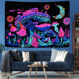 Blacklight Mushroom Tapestry UV Moon and Stars Tapestries Glow in the Dark Plants Tapestry Night Sky Aesthetic Tapestry Wall