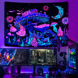 Blacklight Mushroom Tapestry UV Moon and Stars Tapestries Glow in the Dark Plants Tapestry Night Sky Aesthetic Tapestry Wall