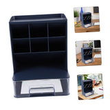 Desktop Pen and Marker Organizer, 6-Compartment Blue Pen Holder for Desk with Stationery Drawer,Makeup Organizer