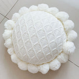 Knitted Throw Pillow Round Couch Pillow Sofa Cute Cushion Handmade Pompoms Decorative Plush Pillow (Beige)