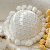 Knitted Throw Pillow Round Couch Pillow Sofa Cute Cushion Handmade Pompoms Decorative Plush Pillow (Beige)
