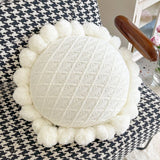Knitted Throw Pillow Round Couch Pillow Sofa Cute Cushion Handmade Pompoms Decorative Plush Pillow (Beige)