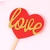 Valentine's Day Red Heart Cake Picks Bamboo for Cake Decoration 20Pcs