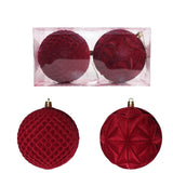 Flocked Burgundy Christmas Ball Ornament Set 2PC 10cm Tree Decorations