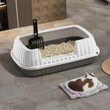 Open Cat Bedpan with Spoon,Shallow Splash Proof Travel Litter Box with Sand Drop Pedal High Side Low Entrance Cat Toilet Semi-Enclosed Adjustable for Kittens Elderly Cats Disabled Cats