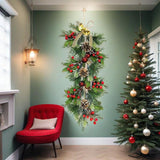 25 Inch Artificial Christmas Door Swag - Pine Cones Red Berries Bells with Greeting Card Faux Teardrop Wreath for Front Door Wall Home Decor