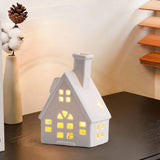 LED Lighted Ceramic House Decor - White Porcelain Village House with Warm Glow, Battery Operated Tabletop Light Up House for Christmas, Home Decor, Mantel, Shelf, Holiday Gift (B)