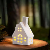 LED Lighted Ceramic House Decor - White Porcelain Village House with Warm Glow, Battery Operated Tabletop Light Up House for Christmas, Home Decor, Mantel, Shelf, Holiday Gift (B)