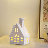 LED Lighted Ceramic House Decor - White Porcelain Village House with Warm Glow, Battery Operated Tabletop Light Up House for Christmas, Home Decor, Mantel, Shelf, Holiday Gift (B)