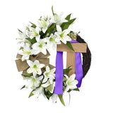Easter Wreath with Cross - 13.8in Flower Lily & Tulip Bow Silk Scarf Religious Garland Spring Door Decor Easter Front Door Hanging Decoration (Purple)