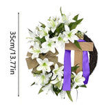 Easter Wreath with Cross - 13.8in Flower Lily & Tulip Bow Silk Scarf Religious Garland Spring Door Decor Easter Front Door Hanging Decoration (Purple)