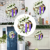 Easter Wreath with Cross - 13.8in Flower Lily & Tulip Bow Silk Scarf Religious Garland Spring Door Decor Easter Front Door Hanging Decoration (Purple)