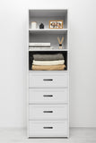 NNEDSZ GENEVA 3 SHELF 4 DRAWER BUILT IN WARDROBE - WHITE - HAMPTON - OVAL BLACK