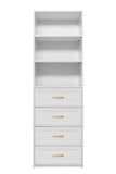 NNEDSZ GENEVA 3 SHELF 4 DRAWER BUILT IN WARDROBE - WHITE - HAMPTON - OVAL BRASS