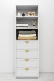 NNEDSZ GENEVA 3 SHELF 4 DRAWER BUILT IN WARDROBE - WHITE - HAMPTON - HALF MOON BRASS
