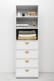 NNEDSZ GENEVA 3 SHELF 4 DRAWER BUILT IN WARDROBE - WHITE - SLIM - HALF MOON BRASS