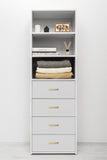 NNEDSZ GENEVA 3 SHELF 4 DRAWER BUILT IN WARDROBE - WHITE - SLIM - OVAL BRASS
