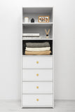 NNEDSZ GENEVA 3 SHELF 4 DRAWER BUILT IN WARDROBE - WHITE - SLIM - ROUND BRASS