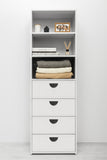 NNEDSZ GENEVA 3 SHELF 4 DRAWER BUILT IN WARDROBE - WHITE - VJ PANEL - HALF MOON BLACK