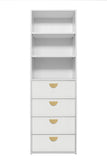 NNEDSZ GENEVA 3 SHELF 4 DRAWER BUILT IN WARDROBE - WHITE - VJ PANEL - HALF MOON BRASS