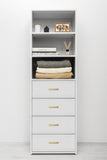 NNEDSZ GENEVA 3 SHELF 4 DRAWER BUILT IN WARDROBE - WHITE - VJ PANEL - OVAL BRASS