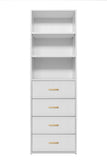 NNEDSZ GENEVA 3 SHELF 4 DRAWER BUILT IN WARDROBE - WHITE - VJ PANEL - OVAL BRASS