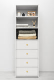 NNEDSZ GENEVA 3 SHELF 4 DRAWER BUILT IN WARDROBE - WHITE - VJ PANEL - ROUND BRASS