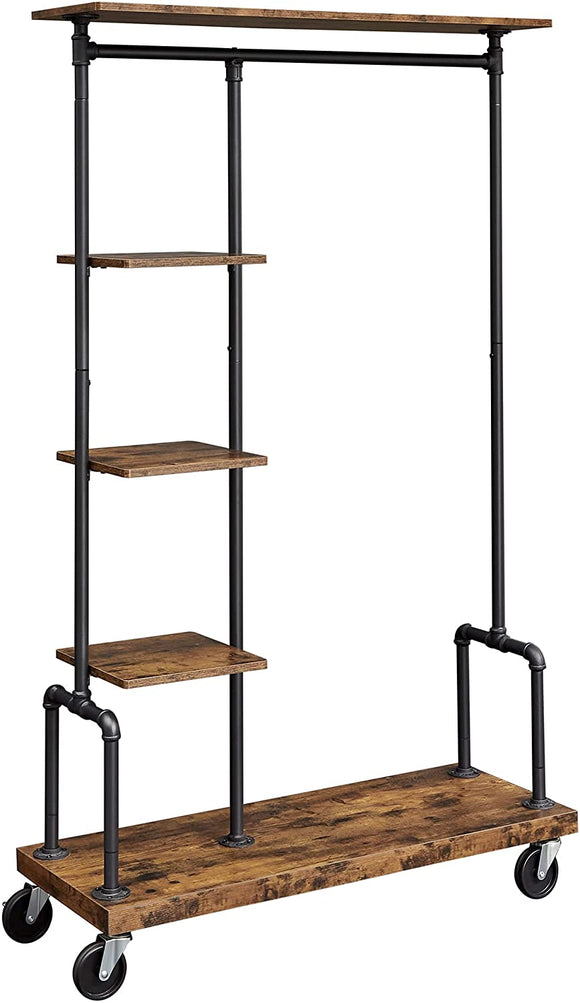NNEDSZ Clothing Garment Rack on Wheels with 5-Tier, Industrial Pipe Style, Rustic Brown