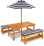 NNEDSZ Outdoor Table & Bench Set with Cushions & Umbrella (Navy)