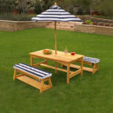NNEDSZ Outdoor Table & Bench Set with Cushions & Umbrella (Navy)