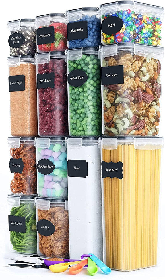 NNEDSZ 14 Pieces Airtight Food Storage and BPA Free Plastic with Easy Lock Black Lids Labels for Kitchen