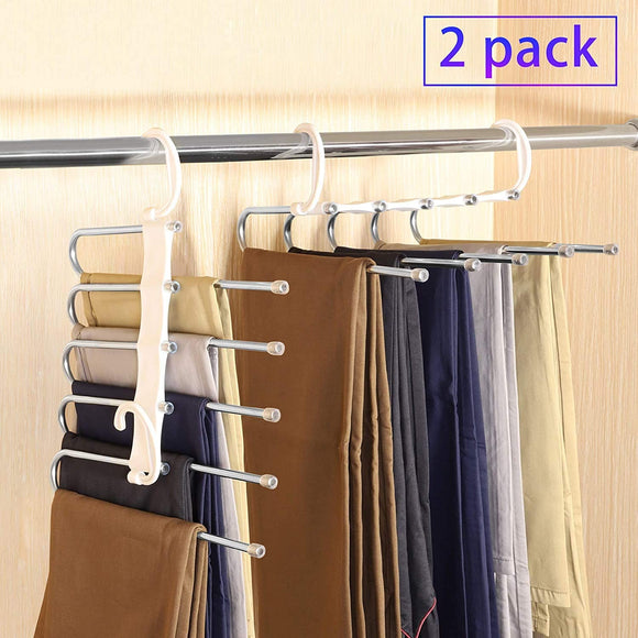 NNEDSZ 2 Pack Adjustable Multi-Layer 5 in 1 Pants Hanger for Wardrobe and Home Storage (White)