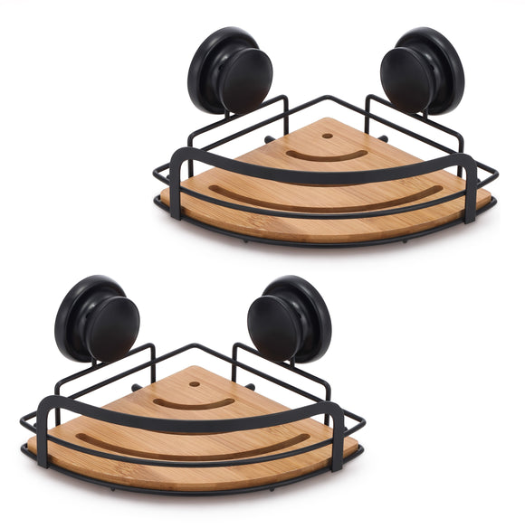 NNEDSZ 2 Pack Round Bamboo Corner Shower Caddy Shelf Basket Rack with Premium Vacuum Suction Cup No-Drilling for Bathroom and Kitchen