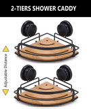 NNEDSZ 2 Pack Round Bamboo Corner Shower Caddy Shelf Basket Rack with Premium Vacuum Suction Cup No-Drilling for Bathroom and Kitchen