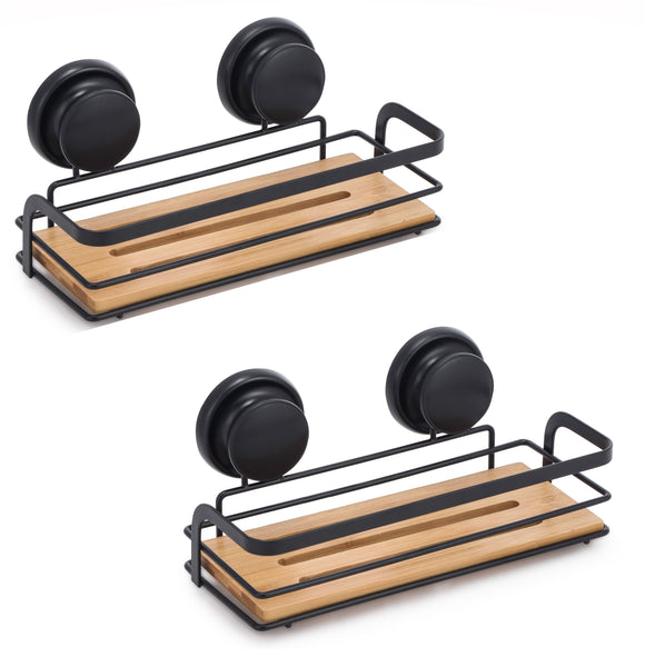 NNEDSZ 2 Pack Rectangular Bamboo Corner Shower Caddy Shelf Basket Rack with Premium Vacuum Suction Cup No-Drilling for Bathroom and Kitchen
