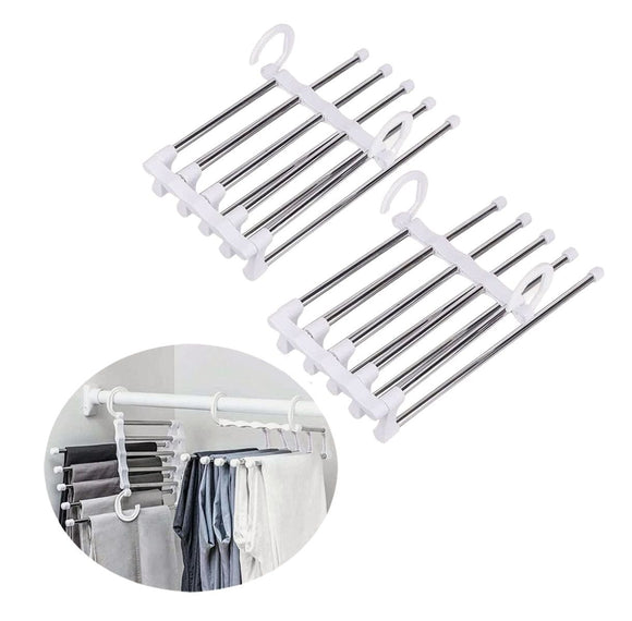 NNEDSZ 2 Pack Stainless Steel Adjustable 5 in 1 Pants Hangers Non-Slip Space Saving for Home Storage