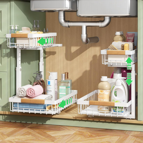 NNEDSZ 2-Tier Kitchen Under Sink Organiser Storage with Height Adjustable, Unique Slide Rail & Suction Cups for Storage