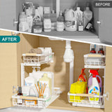 NNEDSZ 2-Tier Kitchen Under Sink Organiser Storage with Height Adjustable, Unique Slide Rail & Suction Cups for Storage