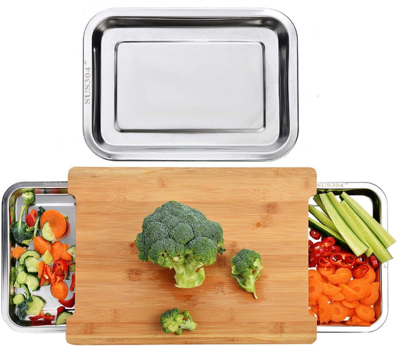 NNEDSZ Chopping Board with with 2 Organiser Stainless Steel Trays Containers