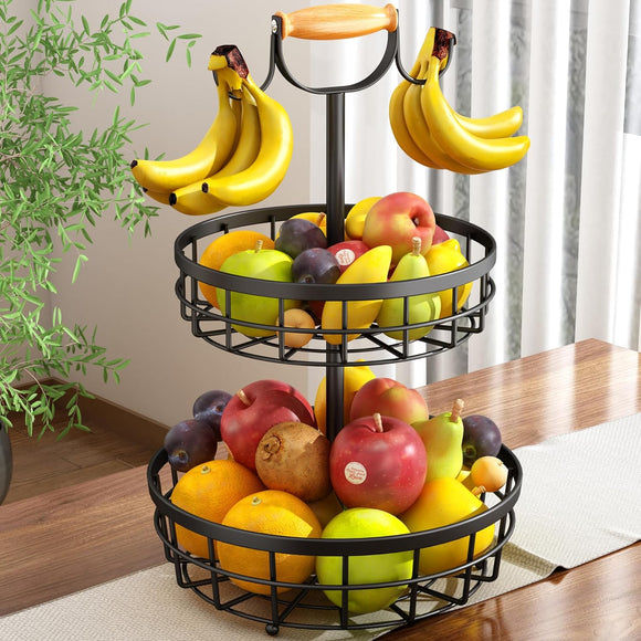 NNEDSZ 2-Tier Fruit Basket Bowl Storage with Wood Lift Handle and Dual Banana Tree Hanger for Kitchen Countertop