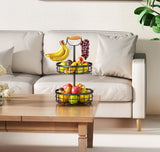 NNEDSZ 2-Tier Fruit Basket Bowl Storage with Wood Lift Handle and Dual Banana Tree Hanger for Kitchen Countertop