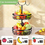 NNEDSZ 2-Tier Fruit Basket Bowl Storage with Wood Lift Handle and Dual Banana Tree Hanger for Kitchen Countertop