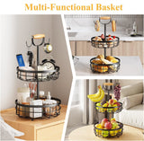 NNEDSZ 2-Tier Fruit Basket Bowl Storage with Wood Lift Handle and Dual Banana Tree Hanger for Kitchen Countertop