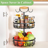NNEDSZ 2-Tier Fruit Basket Bowl Storage with Wood Lift Handle and Dual Banana Tree Hanger for Kitchen Countertop