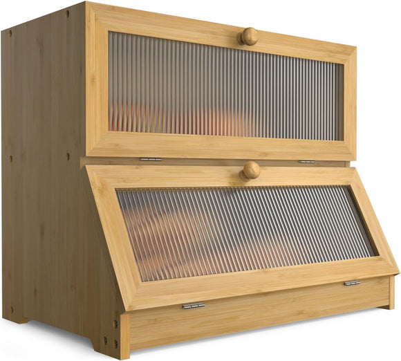 NNEDSZ Double Layer Bamboo Bread Box for Kitchen Counter with Large Capacity and Clear Window